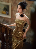 Modest Mermaid Strapless Sequin Gold Long Prom Dresses HZ1024