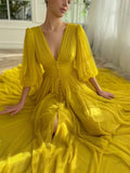 Modest A line V Neckline Long Sleeves Yellow Chiffon Prom Dress Formal Dresses With Buttons HZ1024