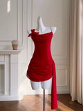 Simple Sheath Spaghetti Straps Chiffon Short Red Homecoming Dresses Birthday Outfit HZ1024