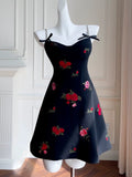 Simple A Line Spaghetti Straps Short Black Satin Floral Homecoming Dresses Birthday Outfit HZ1024