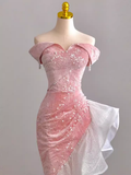 Sexy Mermaid Off The Shoulder Velvet Pink Long Prom Dresses Birthday Outfits HZ1024