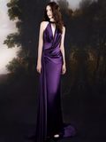 Sexy Mermaid High Neckline Grape Satin Long Prom Dresses Birthday Outfits HZ1024