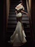 Vintage Mermaid Off The Shoulder White Satin Long Wedding Dresses HZ1024