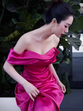 Sexy Mermaid Off The Shoulder Pink Long Prom Dresses Satin Birthday Outfits HZ1024