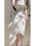 Modest High Low Spaghetti Straps White Chiffon Prom Dress Evening Dresses HZ1024