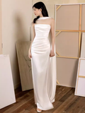 Sexy Sheath Strapless White Long Prom Dresses Satin Slit Birthday Outfits HZ1024
