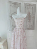 Pretty A Line Strapless Floral Pink Chiffon Prom Dresses Sexy Evening Dress HZ1024