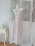 Pretty A Line Strapless Floral Pink Chiffon Prom Dresses Sexy Evening Dress HZ1024