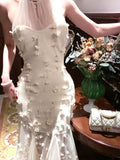 Modest Mermaid High Neckline White Tulle Floral Prom Dresses Sexy Evening Dress HZ1024