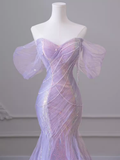 Sexy Mermaid Off The Shoulder Light Lilac Long Prom Dresses Tulle Birthday Outfits HZ1024