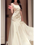 Pretty Mermaid Spaghetti Straps White Floral Lace Long Prom Dresses HZ1024