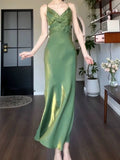 Pretty Sheath Spaghetti Straps Satin Green Long Prom Dresses HZ1024