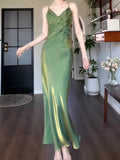Pretty Sheath Spaghetti Straps Satin Green Long Prom Dresses HZ1024