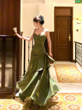 Pretty Sheath Spaghetti Straps Green Ruffles Long Prom Dresses HZ1024