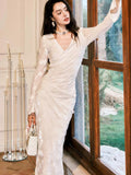 Pretty Sheath V Neckline Long Sleeves White Floral Lace Long Prom Dresses HZ1024