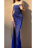 Pretty Sheath Spaghetti Straps Royal Blue Ruffles Sequin Prom Dresses HZ1024
