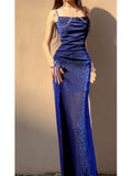 Pretty Sheath Spaghetti Straps Royal Blue Ruffles Sequin Prom Dresses HZ1024