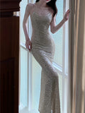 Pretty Sheath Spaghetti Straps Silver Sequin Prom Dresses HZ1024