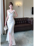 Pretty Mermaid Straps White Slit Long Prom Dresses Evening Dress HZ1024