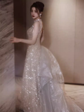 Sexy A Line High Neckline Sequin Long Prom Dresses Backless Birthday Outfits HZ1024