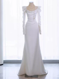 Vintage Mermaid Long Sleeves White Satin Long Wedding Dresses HZ1024