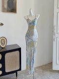 French Sheath Spaghetti Straps Floral Long Prom Dresses Evening Dress HZ1024