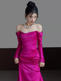 Sexy Mermaid Off The Shoulder Hot Pink Long Sleeves Prom Dresses Satin Birthday Outfits HZ1024