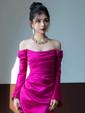 Sexy Mermaid Off The Shoulder Hot Pink Long Sleeves Prom Dresses Satin Birthday Outfits HZ1024
