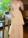 Classy A Line Spaghetti Straps Ivory Chiffon Long Prom Dresses Evening Dress With Layers HZ1024