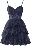 Homecoming Dresses for Teens Sparkly Tulle Lace Applique Tiered A-line Formal Short Mini Homecoming Dress HZ1024