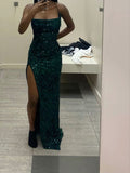 Simple Sheath Spaghetti Straps Green Sequin Slit Long Prom Dress HZ1024