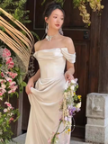 Simple A line Off The Shoulder Satin Ruffles Long White Wedding Dresses HZ1024
