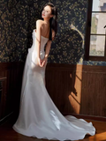 Simple Mermaid Sweetheart Satin Ruffles Long White Slit Wedding Dresses HZ1024