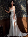 Simple Mermaid Sweetheart Satin Ruffles Long White Slit Wedding Dresses HZ1024