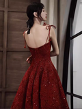Sexy A Line Spaghetti Straps Red Prom Dresses Lace Birthday Outfits HZ1024