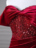 Sexy Mermaid Burgundy Off The Shoulder Long Prom Dresses Velvet Birthday Outfits HZ1024