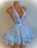 Sexy Ball Gown Halter White Sequin Homecoming Dresses Short Hoco Dress With Backless HZ1024