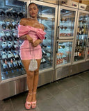 Off The Shoulder Pink Homecoming Dresses Bowknot Short Hoco Dress HZ1024