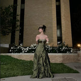 Pretty Ball Gown Strapless Green Satin Long Prom Dresses With Silver Beads HZ1024