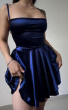 Simple A Line Spaghetti Straps Navy Blue Birthday Outfits Satin Homecoming Dresses HZ1024