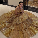 Fancy Ball Gown Strapless Gold Sequin Long Prom Dresses Evening Dress HZ1024