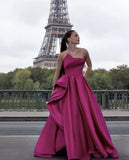 Classy Ball Gown Sweetheart Pink Satin Long Prom Dresses Evening Dress With Ruffles HZ1024