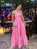Fancy Popular Pink A-line Strapless Maxi Long Party Prom Dresses HZ1024