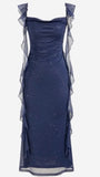 Elegant Sheath Square Neckline Navy Blue Chiffon Ruffles Prom Dresses Formal Dress HZ1024