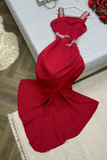 Elegant Sheath Straps Burgundy Satin Silver Beads Slit Long Prom Dresses Formal Dress HZ1024