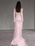 Simple Mermaid Long Sleeves Pink Long Prom Dresses HZ1024