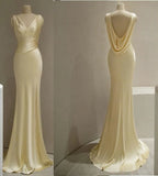 Pretty Mermaid V Neckline Yellow Satin Prom Dresses With Ruffle Long Evening Dress HZ1024