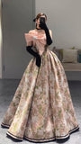 Chic Ball Gown Strapless Floral Satin Pink Long Prom Dresses With Bow Party Dress HZ1024