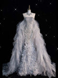 Elegant Mermaid Strapless Tulle Sequin Long Wedding Dresses HZ1024