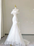 Elegant Mermaid Off The Shoulder Tulle Long Wedding Dresses HZ1024